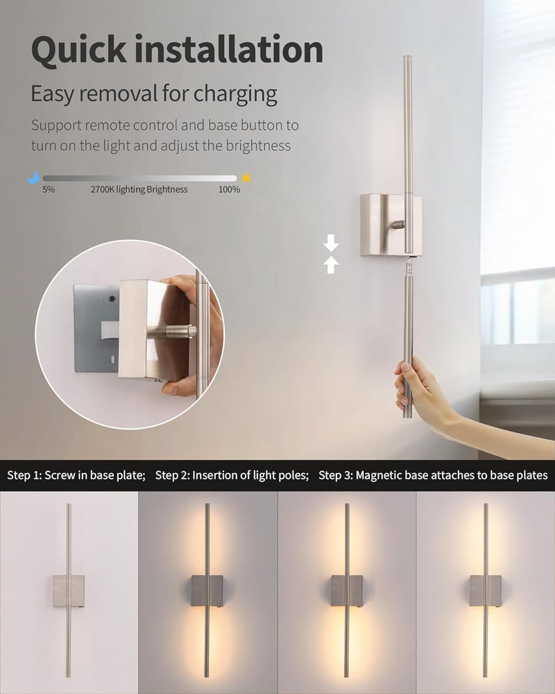 KDG Cordless Wall Sconces Set of 2, Wireless 5200mAh Rechargeable Battery Operated LED Wall Lamps with Remote, 360° Rotate Lightings for Wall Painting, Bedroom, Hallway, Night Light 23.6 inch (Nickel) - Image 3
